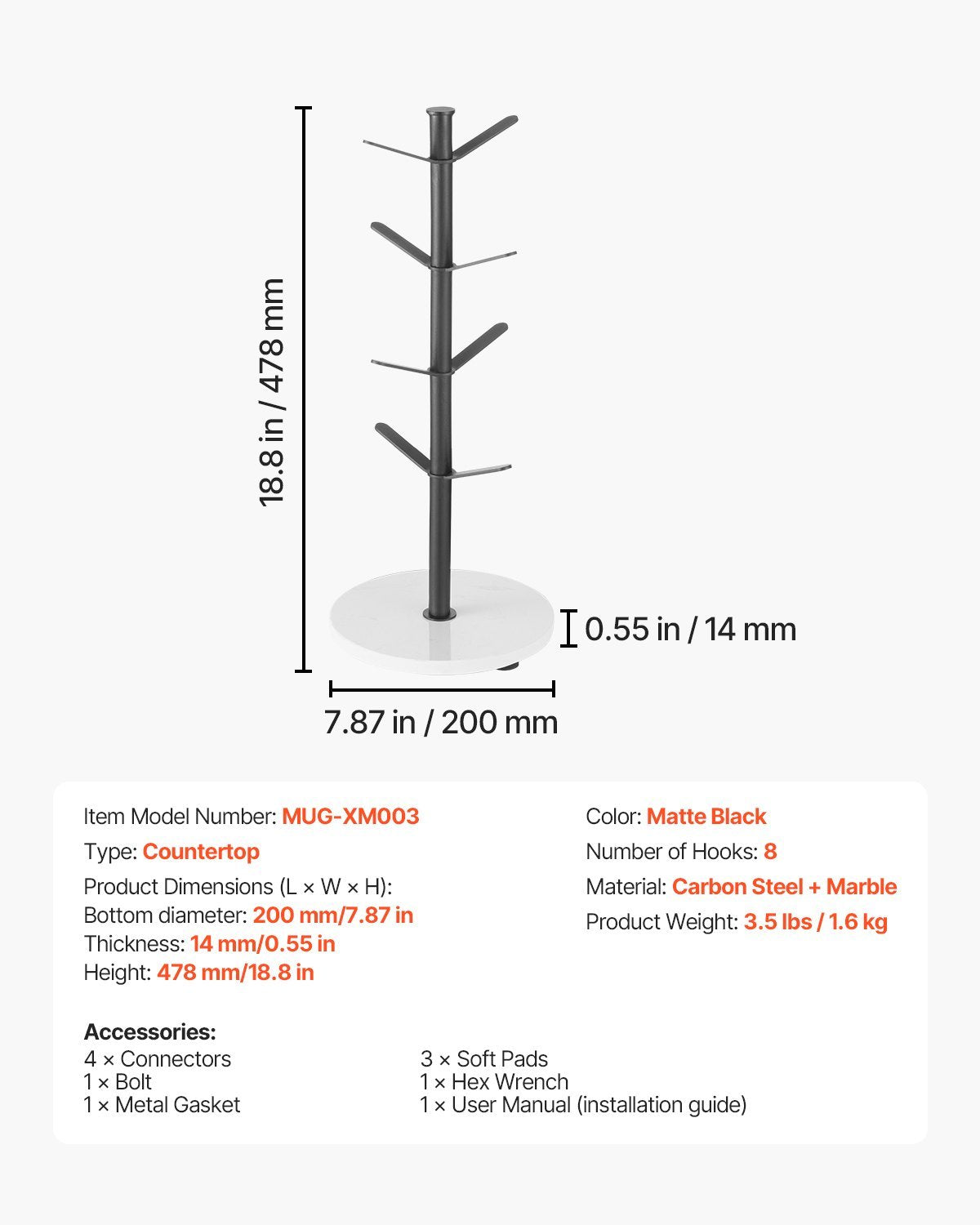 ☕ Marble Base Mug Tree Holder – Elegant Countertop Organization