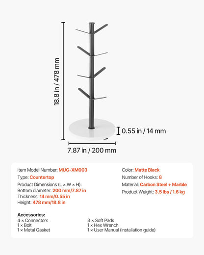 ☕ Marble Base Mug Tree Holder – Elegant Countertop Organization