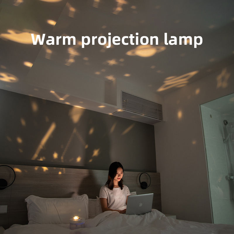 Warm projection lamp illuminating bedroom walls with ambient light